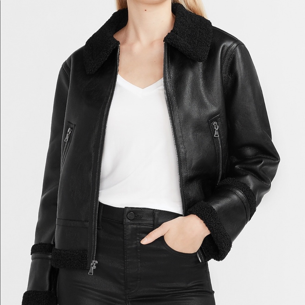 Vegan leather jacket with shearling collar